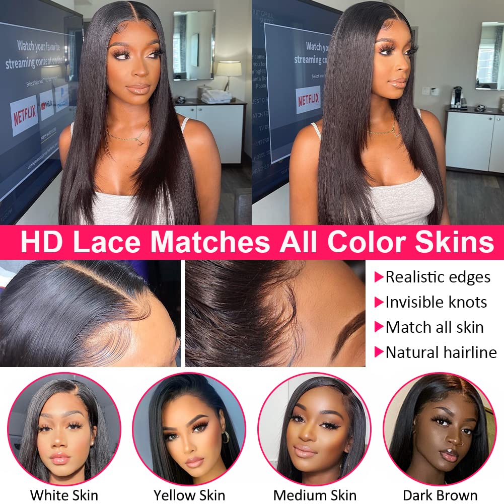 13x4 HD Lace Front Wigs Human Hair Pre Plucked with Baby Hair 180% Density 9A Brazilian Straight Human Hair Wigs for Women Natural Hairline (22inch, Natural Color)