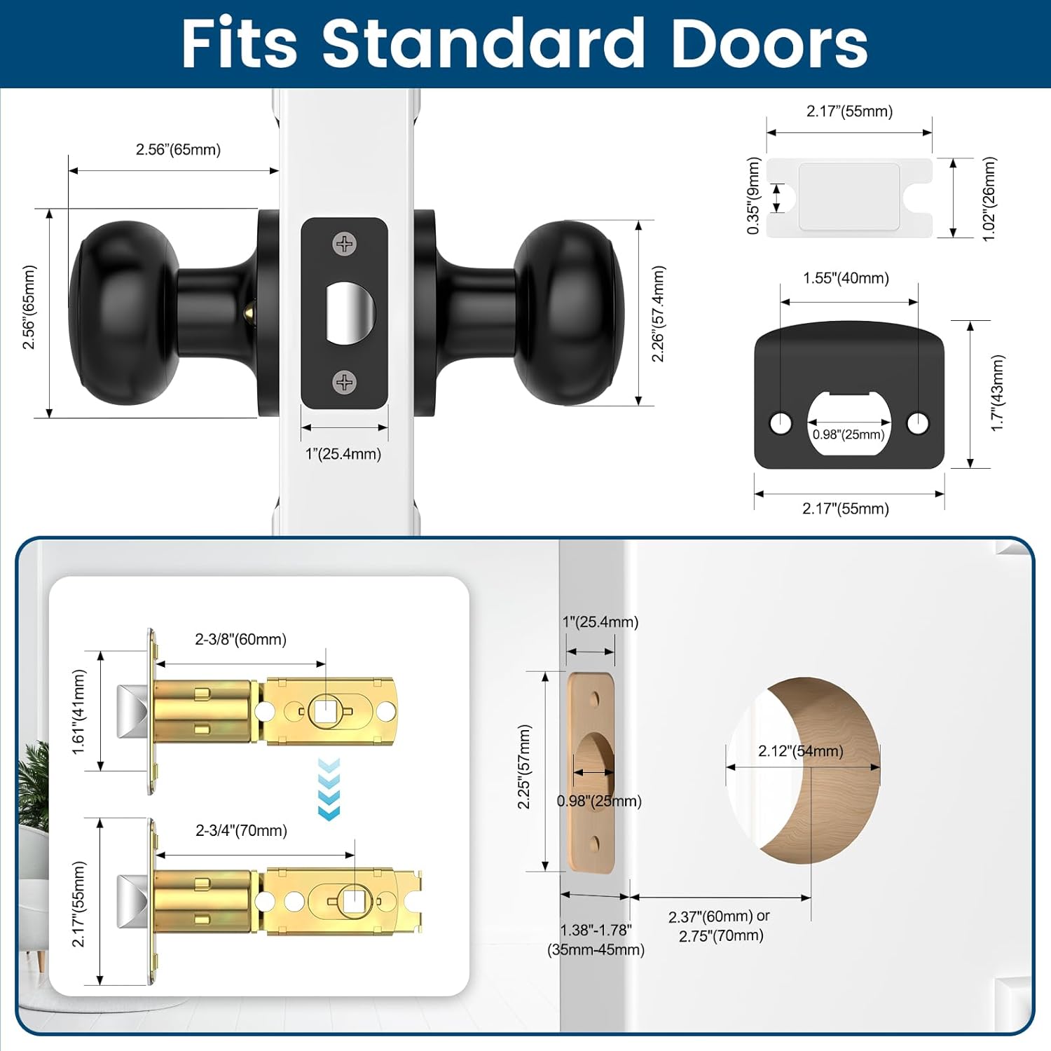 Passage Door Knobs, 10 Pack Matte Black Door Knobs, Hallway Closet Non-Locking Interior Doorknobs, Round Door Handles Keyless Reversible for Left/Right Handed Doors