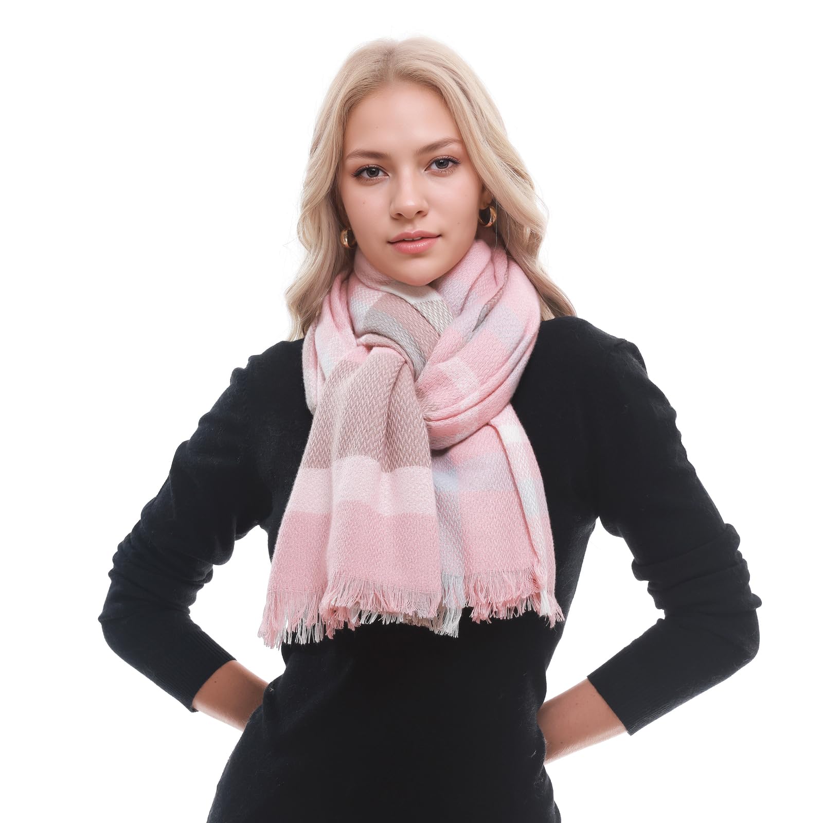 Bufanda a cuadros para mujer, bufandas de invierno cálidas de gran tamaño, bufandas de tartán, Rosa/Caqui/Azul 4