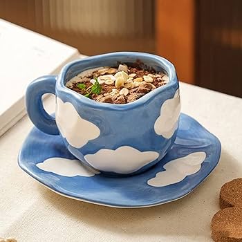 Set Tazza E Piattino In Ceramica Dipinti A Mano - Motivo Nuvola, 250 Ml, Design Irregolare, Regalo Creativo