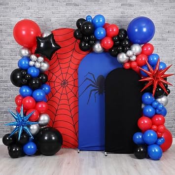 137 Pcs Spider Web Theme Party Decoration Kit 4ft, 5ft, 6ft Red Black Blue Spider Web Arch Cover Backdrop Balloons Glue Ribbon Strip for Birthday Baby Shower Wedding Photography Decor