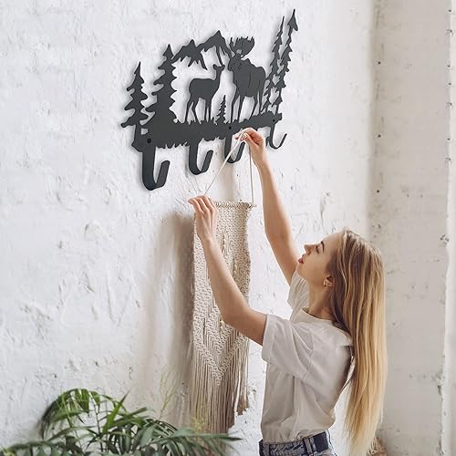 Miniatura 3 de Qobumy Ganchos de metal para abrigos de alce montados en la pared con 5 ganchos, perchas y soporte para llaves, perchero para ropa, sombreros y