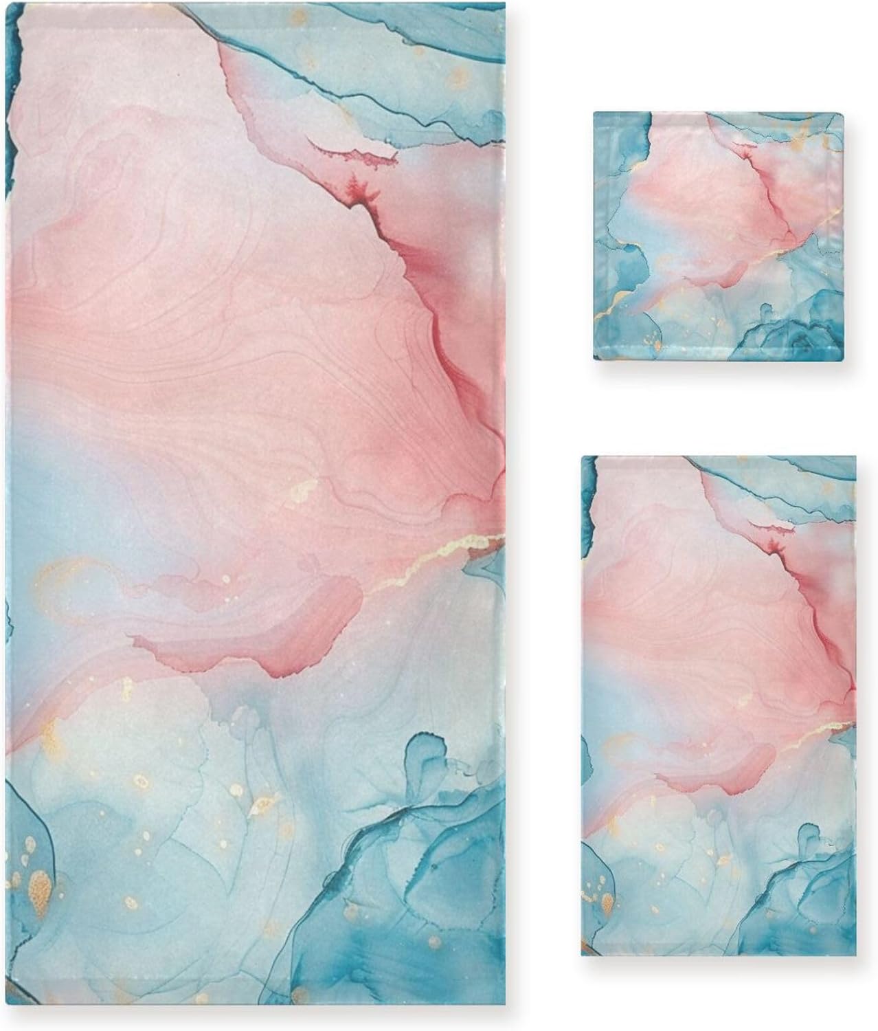 ALAZA Blue Teal Pink Marble Towel Bathroom Set, 3-Piece Towel Set, 1 Bath Towel, 1 Hand Towel, 1 Washcloth,Soft Absorbent Towel for Home Kitchen Gym Beach