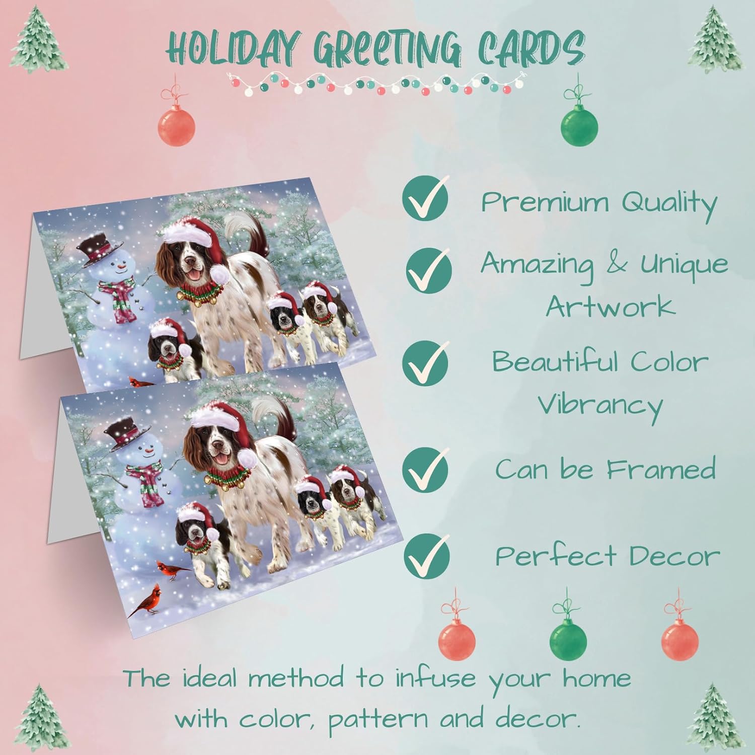 Christmas Running Family Dogs English Springer Spaniels Dog Note Cards - Adorable Pets Invitation Cards with Envelopes - Pet Artwork Christmas Note Cards GCD66692 (10 Greeting Cards)