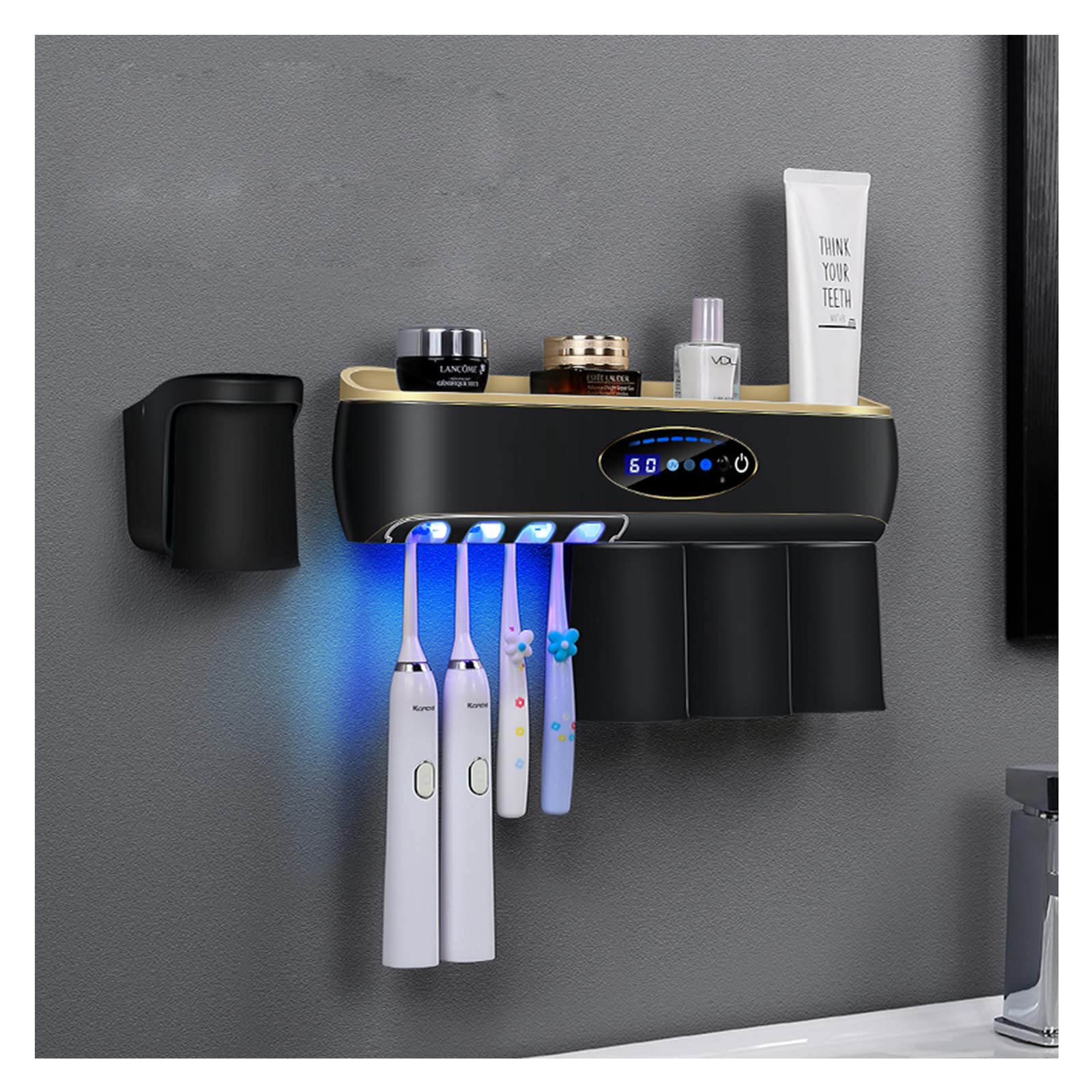 Porta Spazzolino Elettrico, Porta Spazzolino Parete, LED Porta Spazzolini Bagno con Luce Notturna, Accessori Bagno con Sterilizzatore per Funzione di Asciugatura Ricaricabile USB Nero