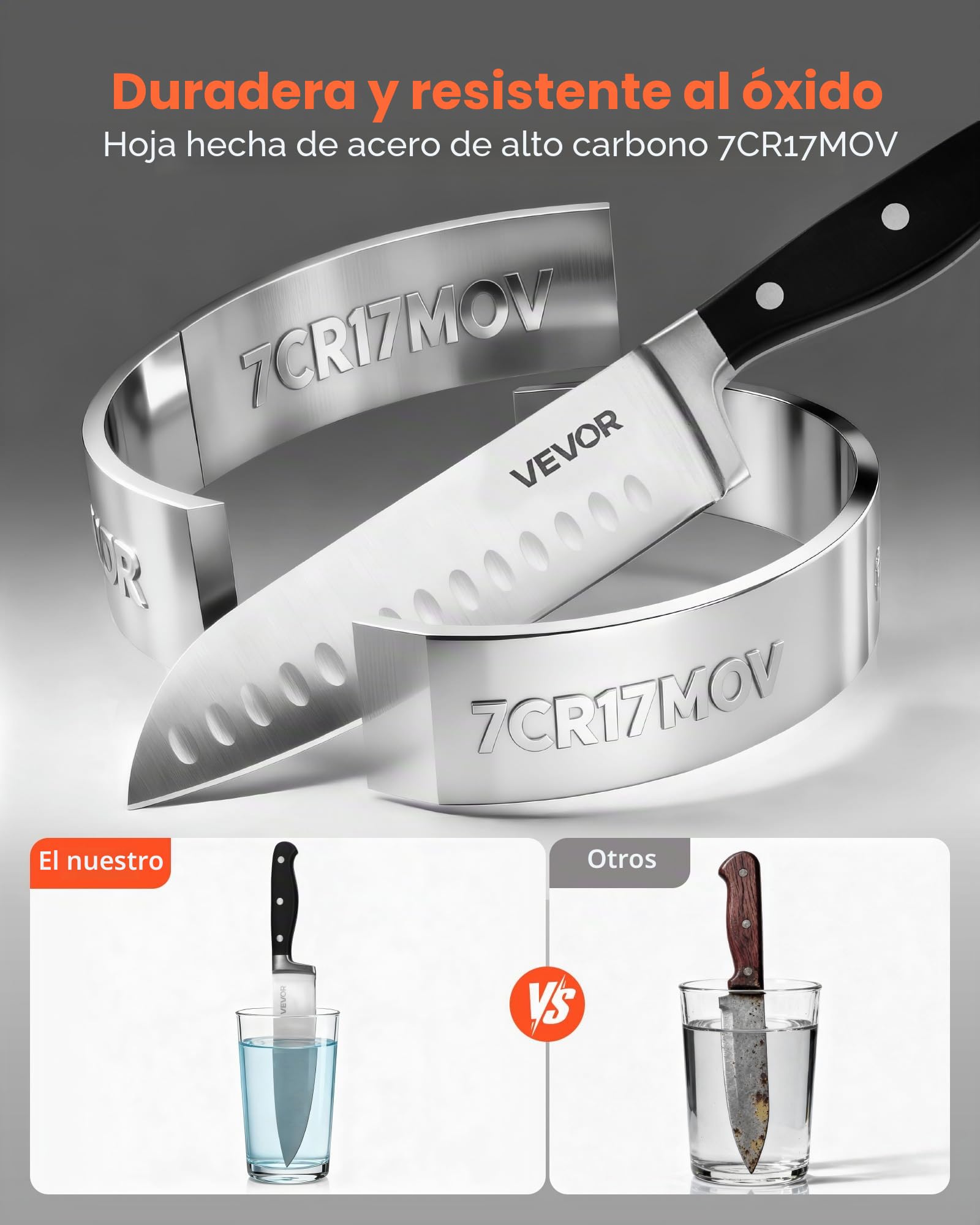 VEVOR Juego de Cuchillos de Cocina, con Bloque de Madera y Afilador, con Cuchillos Afilados de Acero Inoxidable de Alto Carbono, con Mango Resistente a Roturas, para Cocineros Aficionados, 15 uds