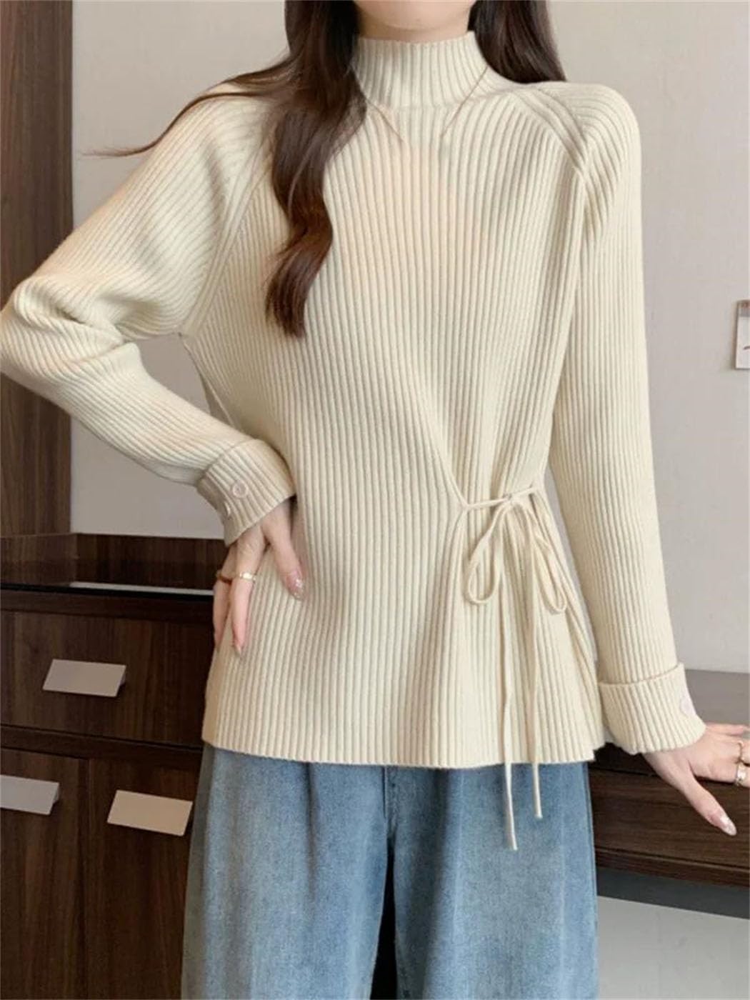 Sweter Damski Z Dzianiny, Z Półwysokim Dekoltem, Sznurowany, Z Długim Rękawem, Luźny, Swobodny, W Stylu Koreańskim-Black-Medium