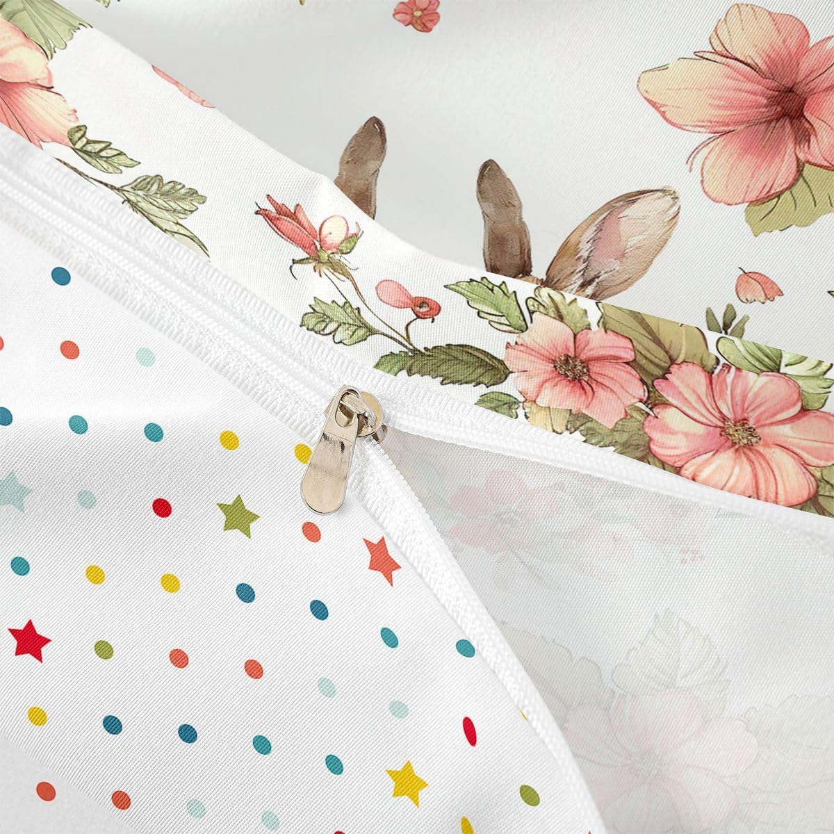 Erosebridal Rabbit Kawaii Bedding Set Easter Decorations for The Home,Cute Pet Animal Comforter Cover,Pastel Pink Flowers Duvet Cover King,Green Leaves Boho Floral Easter Decor Easter Gifts for Women