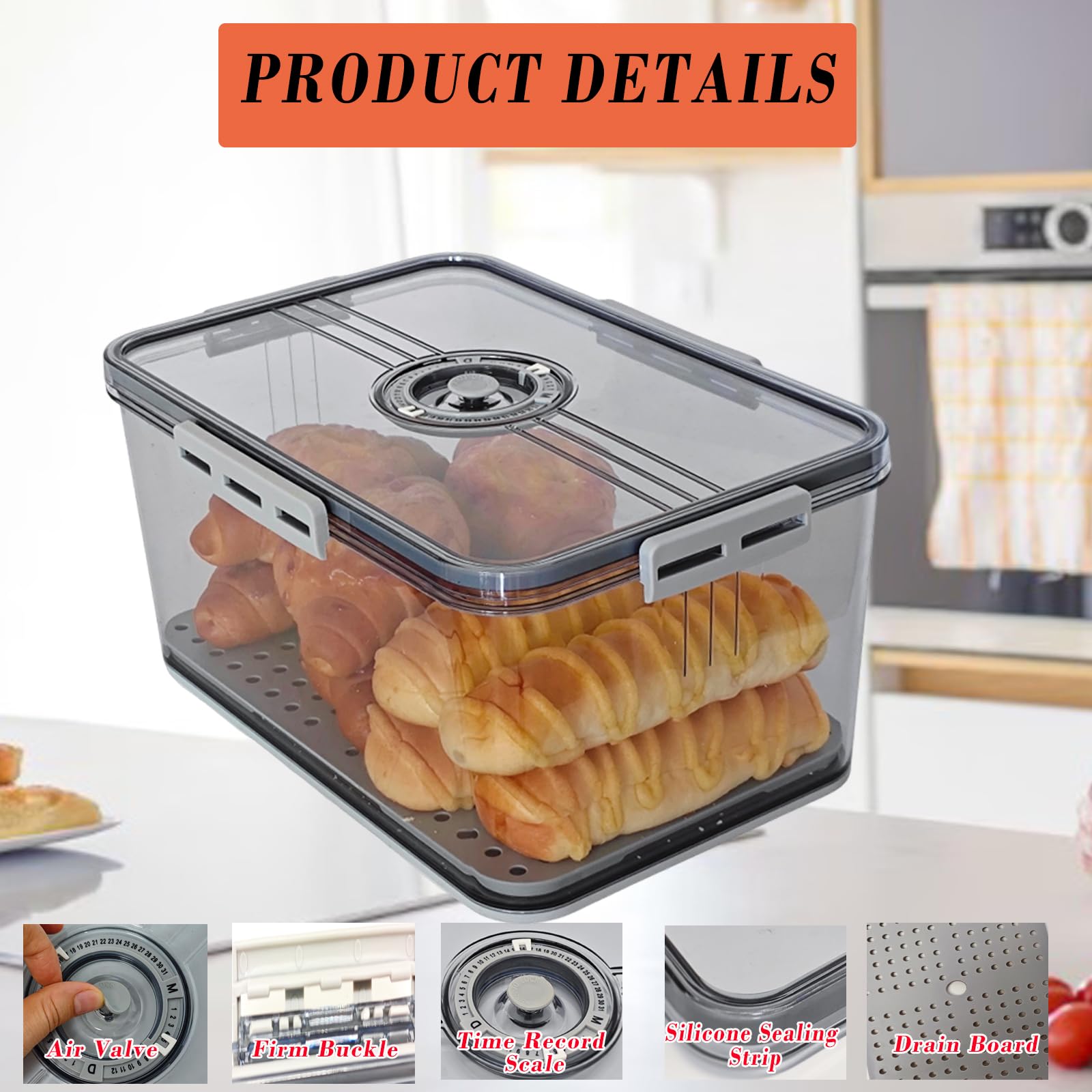 Panera con tapa para encimera de cocina, recipiente hermético de almacenamiento de pan de 10 L, grabador de tiempo para pan casero, tostadas, bagel, donas y galletas (gris) 4