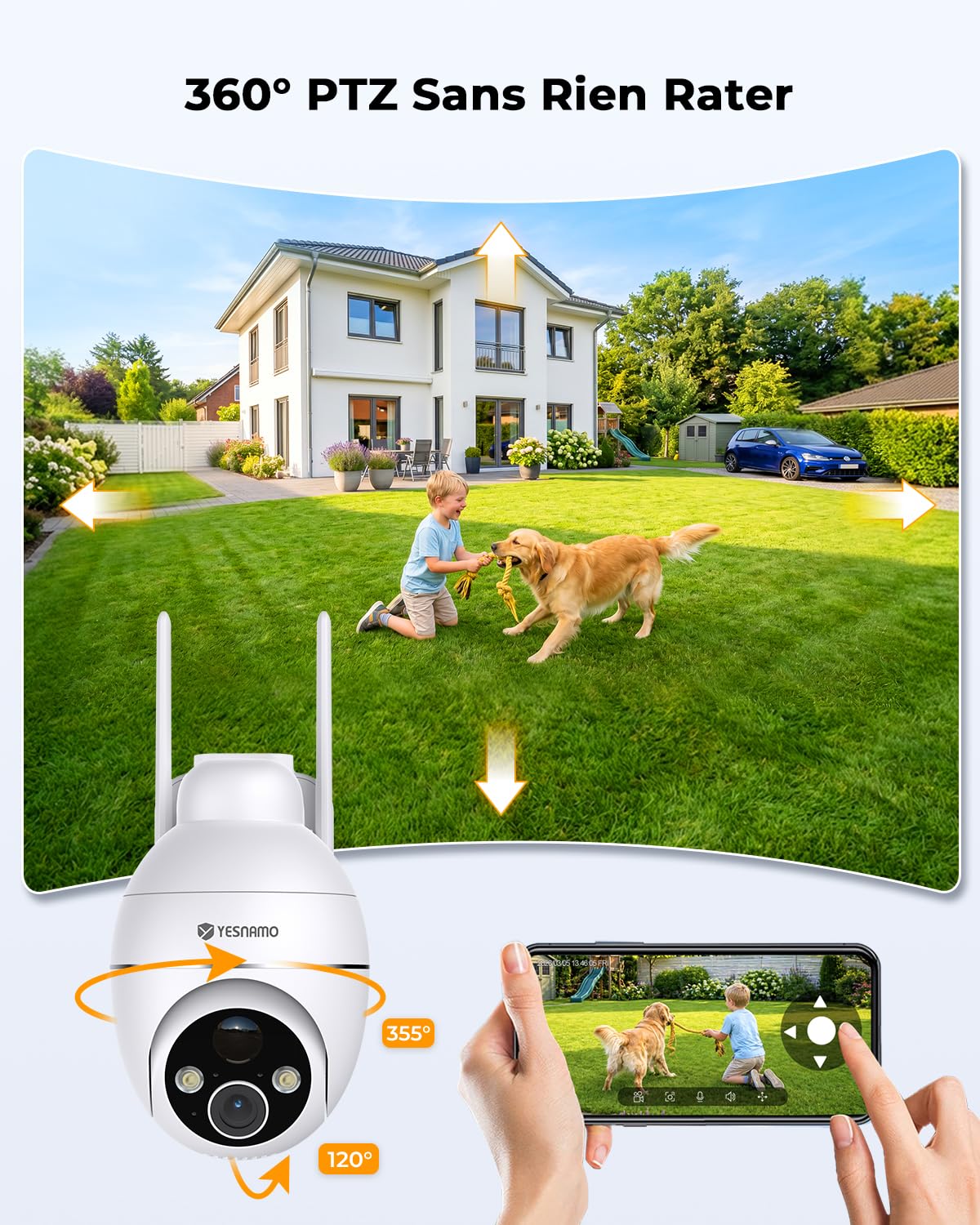 2K Camera Surveillance WiFi Exterieure sans Fil, Énergie Solaire et 360° PTZ, Caméra Solaire Batterie 2,4 G, Double Antenne Vision Nocturne Couleur, Détection PIR Audio Bidirectionnel Blanc