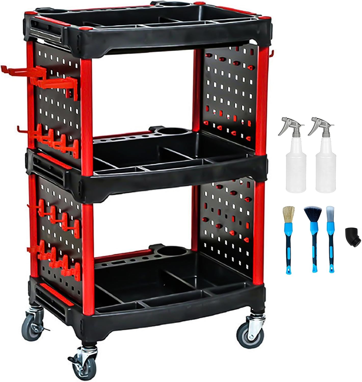 AstraLoom Heavy-Duty Car Detailing Cart for Garage & Workshop – 3-Tier Auto Tool Cart with 4 Tool Boards, 32 Hooks, Lockable Wheels & 440 lbs Capacity