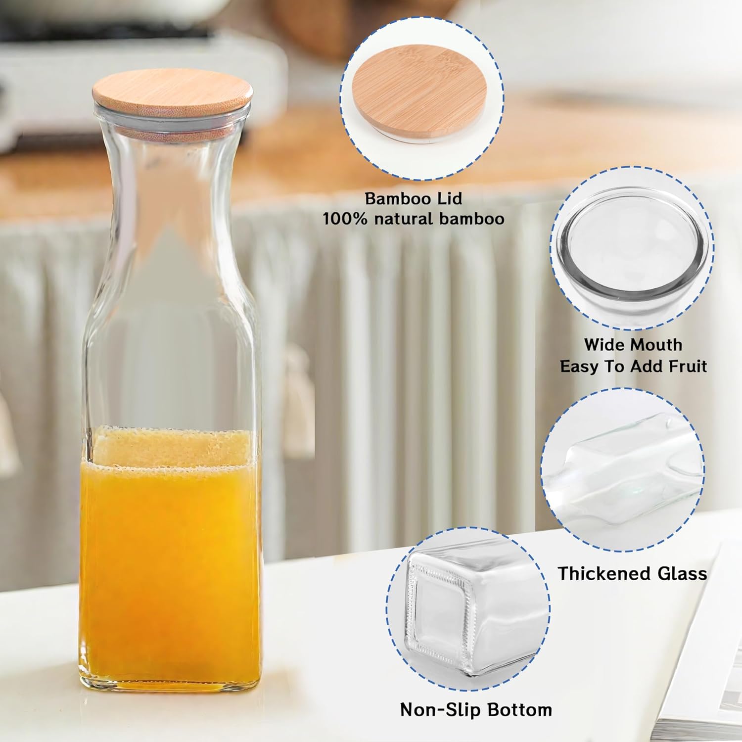 35 Oz Square Glass Carafe with Bamboo Lid, Beverage Dispensers,Mimosa Bar Supplies,Clear Glass Pitcher with Name Labels for Iced Tea,Coffee,Juice(Pack of 2) - Image 4
