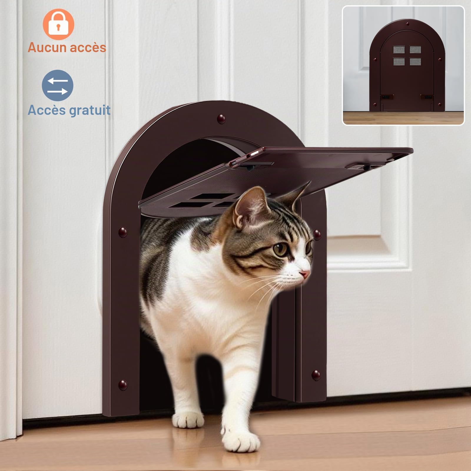 Wordcam Porte intérieure pour chat - Verrouillage à 2 voies - Pour chats jusqu'à 9 kg - Porte pour animaux domestiques - Pour chats, chatons et petits chiens (marron)