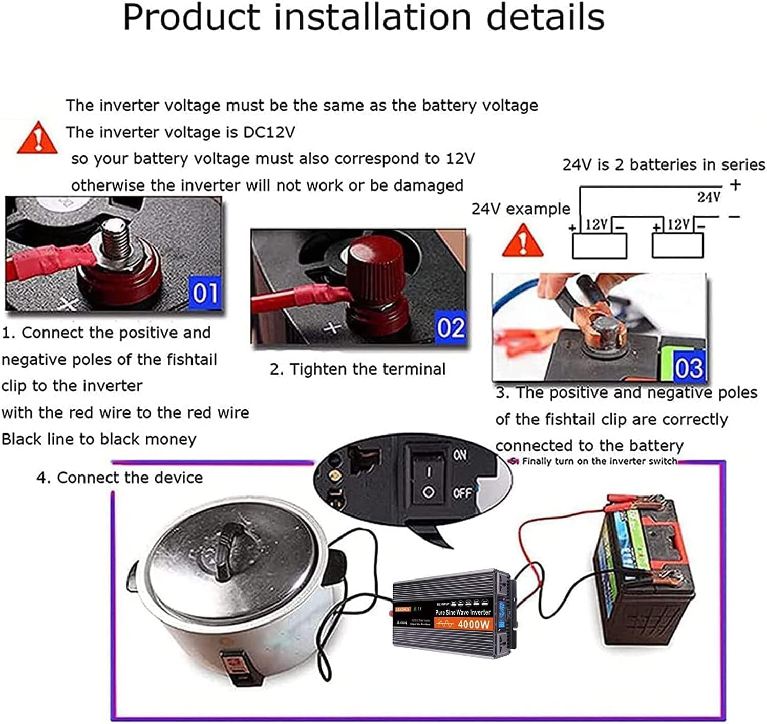 Inversor 24V 220V 3000W/4000W/5000W/6000W Onda Sinusoidal Pura, 12V 24V 48V 60V 72V Inversor de Corriente con Enchufes de la UE, Pantalla LCD,para Casas Y Autos (24v to 220v,4000w)