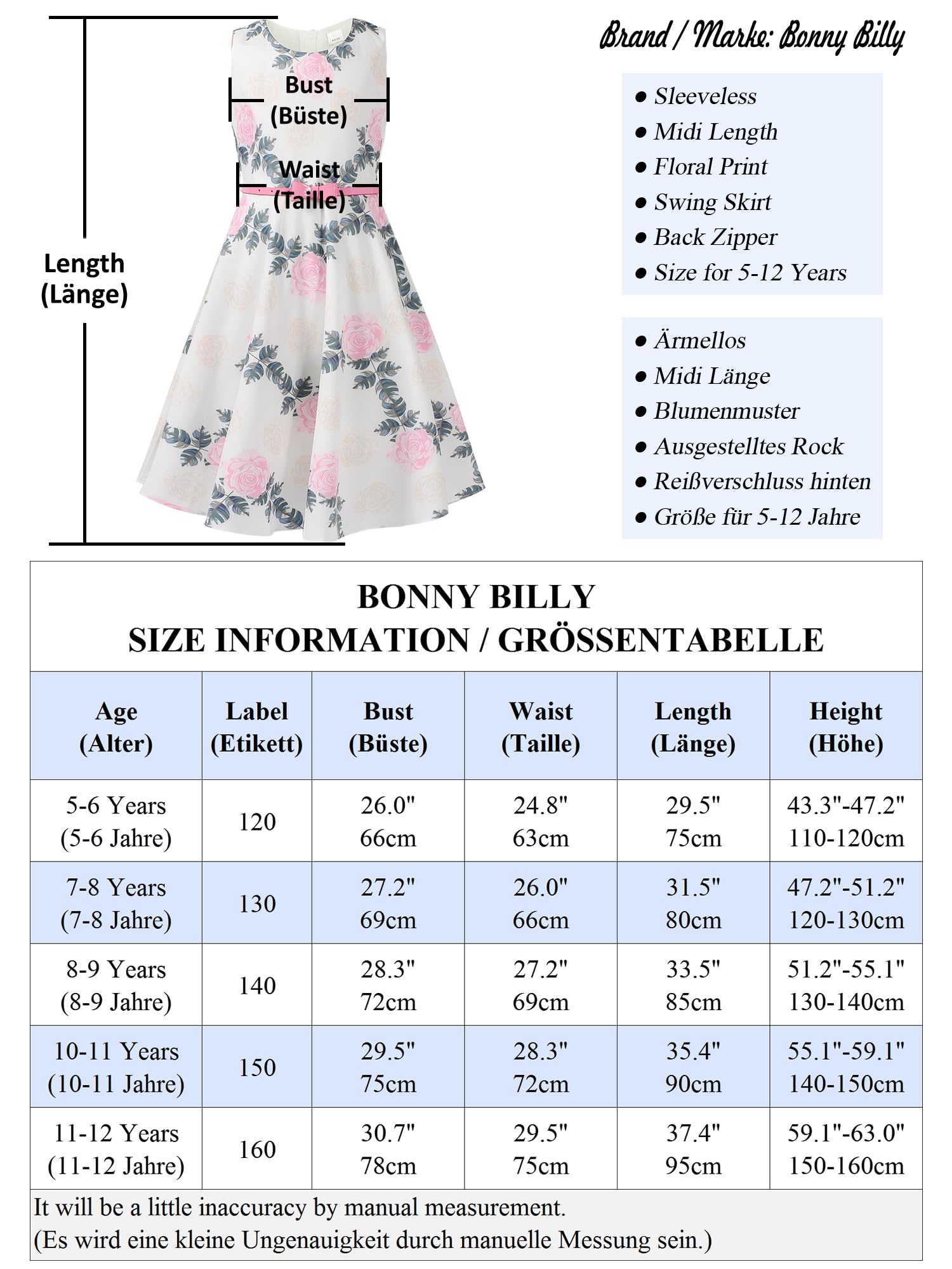 BONNY BILLY Vestido Niña Fiesta Boda Ceremonia Estampado Floral Vintage con Cinturón