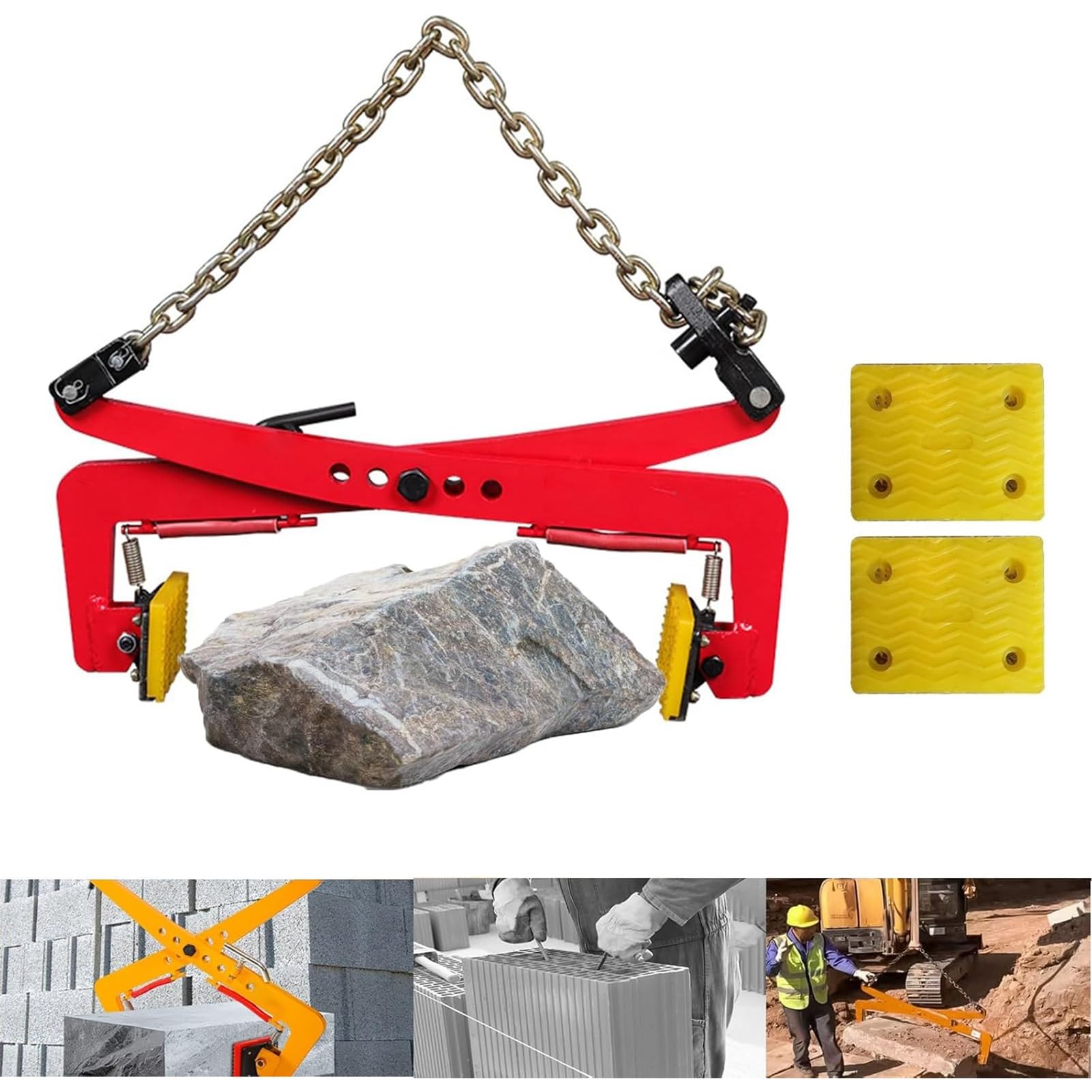 Bardzo wytrzymałe zaciski do podnoszenia 350 kg/1,125 kg, regulowany zacisk do płyty granitowej z wymiennym uchwytem antypoślizgowym, pionowa obsługa płyt do transportu kamieni