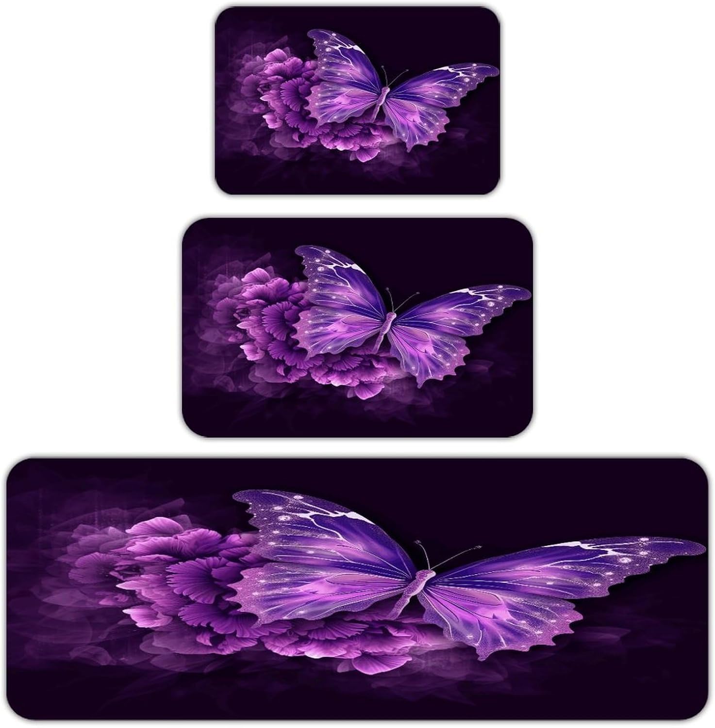 Beautiful Purple Butterfly Floral Kitchen Rugs Set of 3 Non Slip Washable Kitchen Mats for Floor Soft Area Rug Kitchen Floor Mat Cushioned Anti Fatigue Mats Standing Sink Mat Decor Runner Rugs