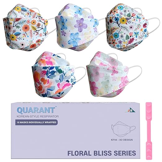 QUARANT Dual Meltblown Fabric KF94 Korean Style Designer Face Mask with Nose Clip and Reusable Mask Extender (Pack of 10) for Unisex