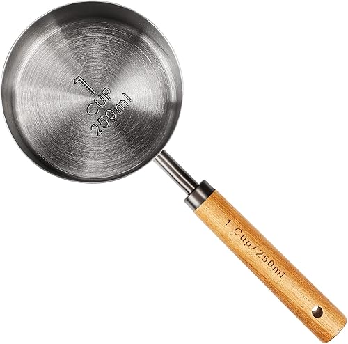 Taza medidora con mango de madera, 1 taza de titanio 8.5 fl oz acero inoxidable, gris espacial