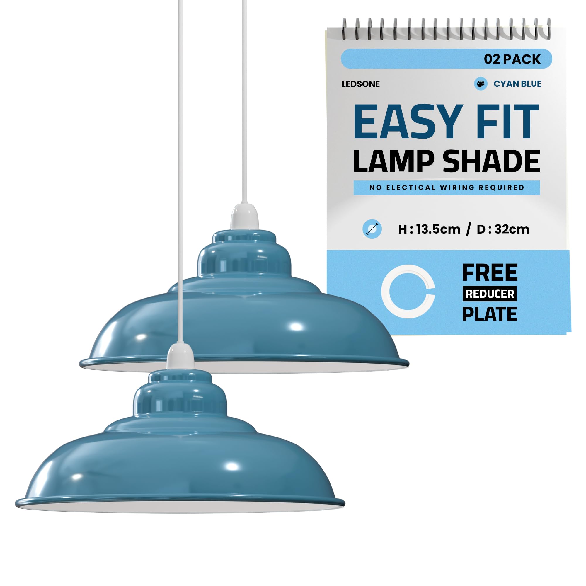 LEDSone Industrial Ceiling Pendant Light Shades, Retro Vintage Style Curvy Shaped Pendant Lamp Shade for Pendant Ceiling Lights (Cyan Blue 1-2 Pack)