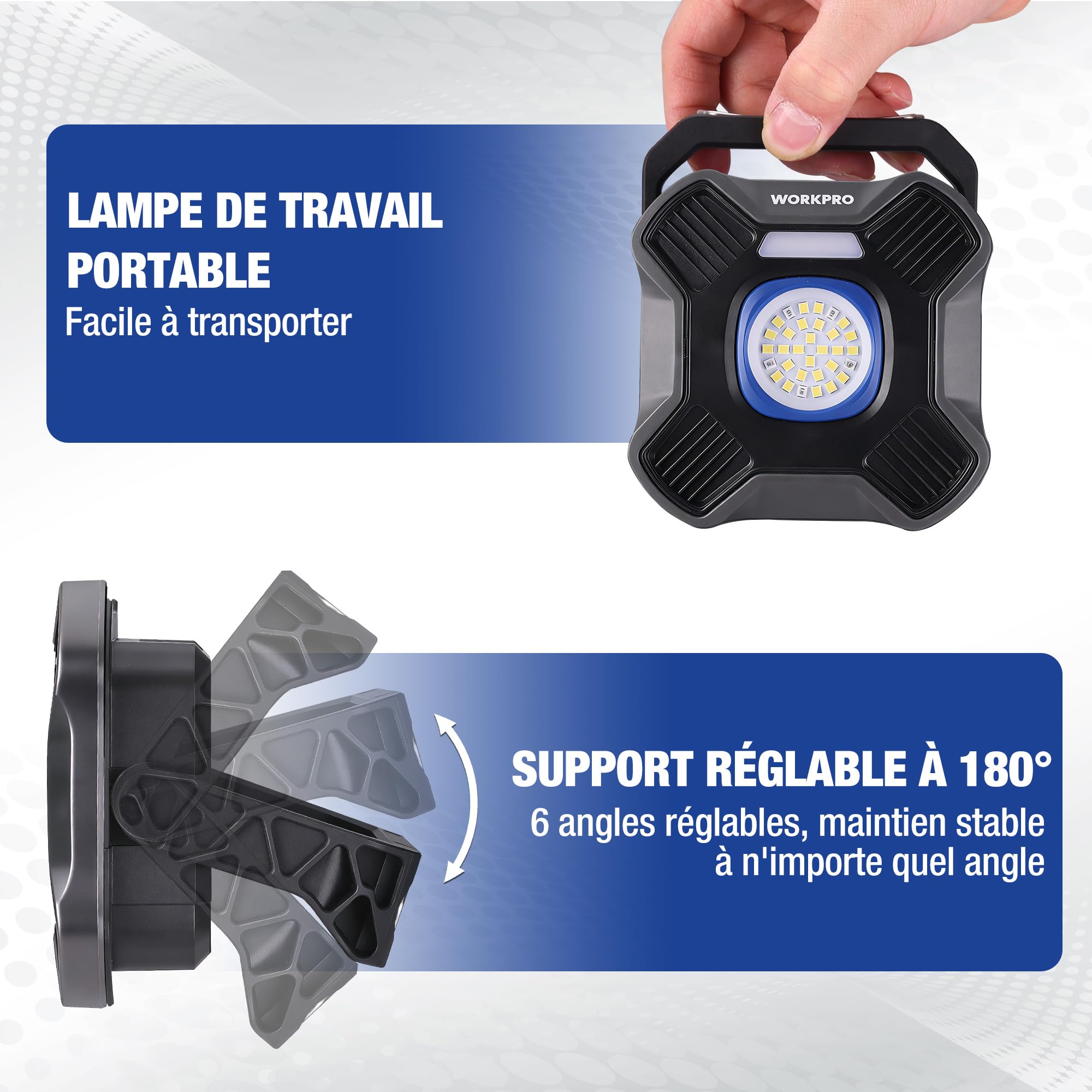 WORKPRO Lampe de Travail LED Rechargeable 2000LM, 5 Modes, Projecteur Magnétique Portable avec Support 180°, Batterie 4000mAh & Power Bank, Lampe Portable pour Camping, Réparation Auto et Urgence