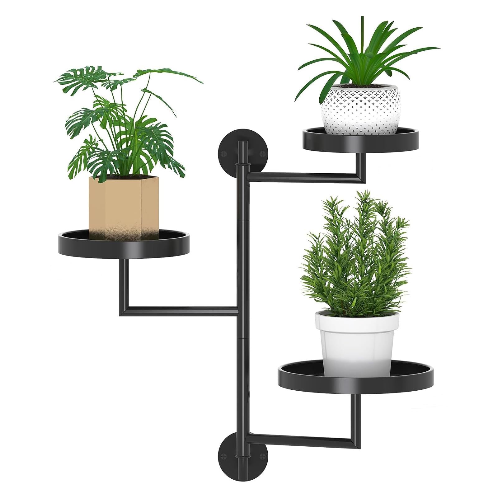 Estanteria para Plantas Interior, Soporte para Plantas de Metal de 3 Niveles, Estante para Plantas de Pared Giratorio de 180°, Estante Flotante para Plantas Montado en la Pared para Espacios Pequeños