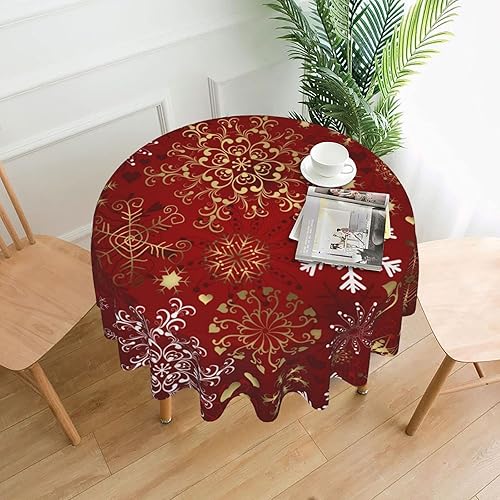 Miniatura 2 de Sweetshow Mantel redondo de Navidad de 60 pulgadas con diseño de copos de nieve blancos y dorados, a prueba de polvo, resistente a las arrugas, para