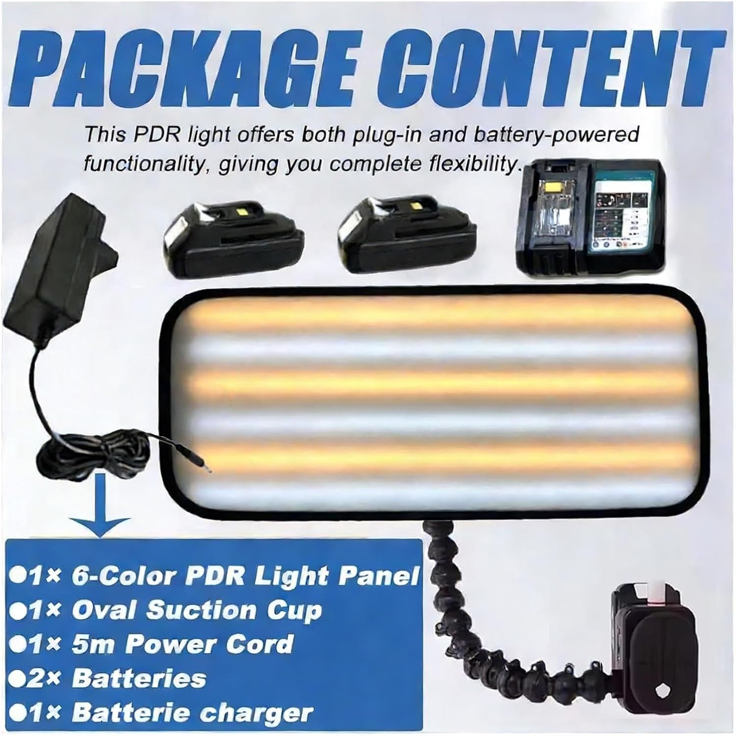 Professional 6-Zone PDR Light with Adjustable Brightness - Paintless Dent Removal Tool Kit, Cordless & Plug-in Auto Body Repair Light, 5 Suction Cup for Mobile Car Dent Repair