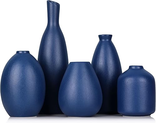 Jarrón de cerámica azul Juego de 5 jarrones azules con diseño moderno de granja azul marino decorativo para el hogar, oficina, sala de estar,