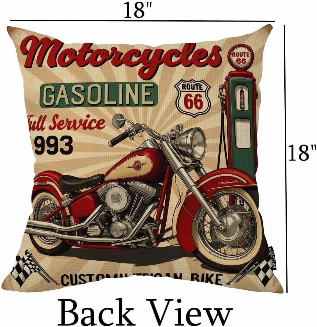 Mugod Throw Pillow Cover Retro Vintage Gasoline Route 66 Classic Motorcycles Biker Home Decorative Square Pillow Case for Men Women Bedroom Livingroom Cushion Cover 18x18 Inch image 2