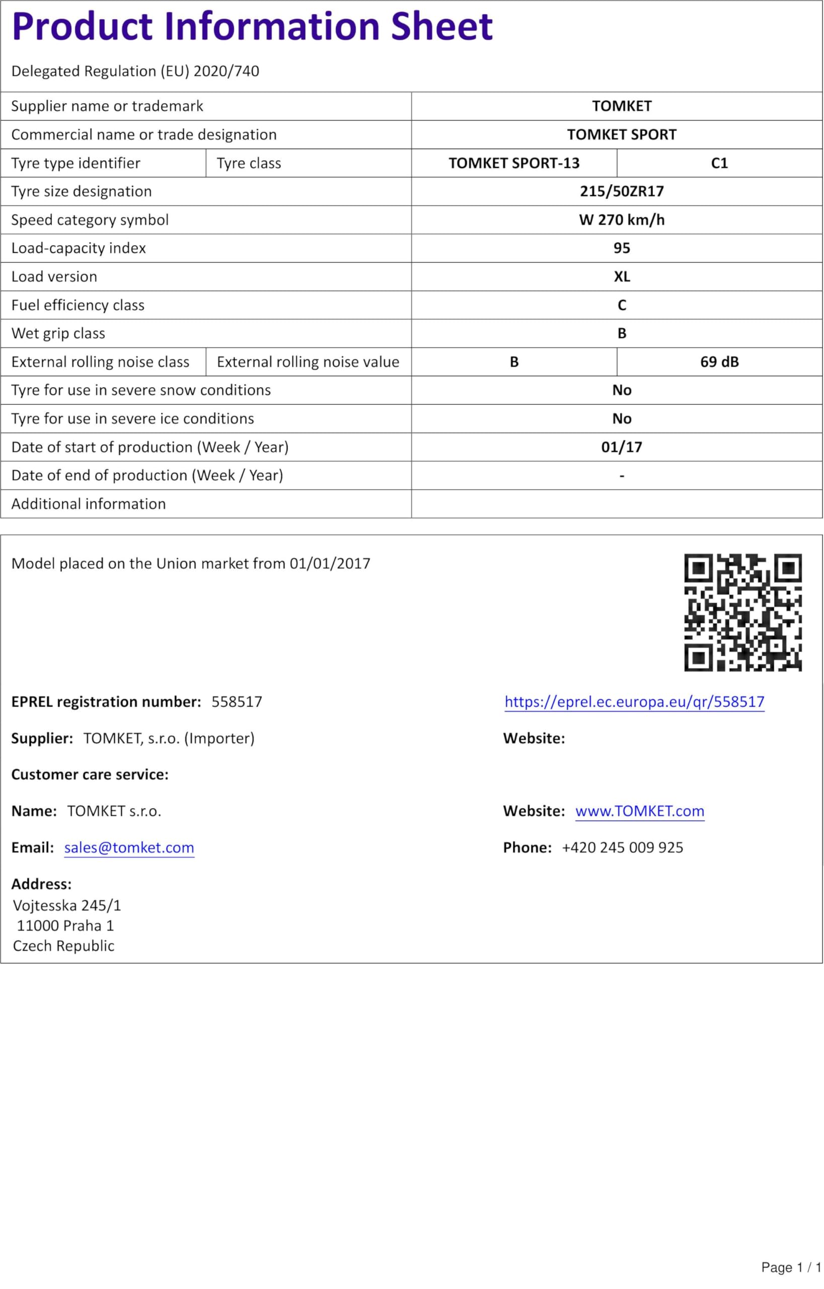 Pneu été Tomket Sport XL - 215/50R17 95W - Adhérence Sol Mouillé B, Faible Bruit, Résistance à L'aquaplaning