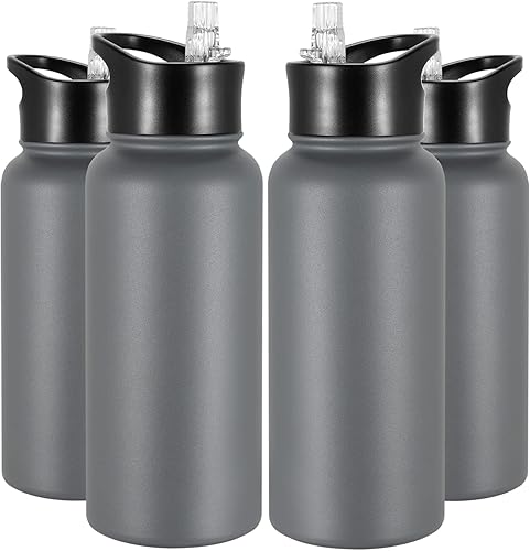 Miniatura 14 de Paquete de 8 botellas de agua deportivas de acero inoxidable con aislamiento de 32 oz, botellas de agua con tapa de pajita y tapas de boca ancha,
