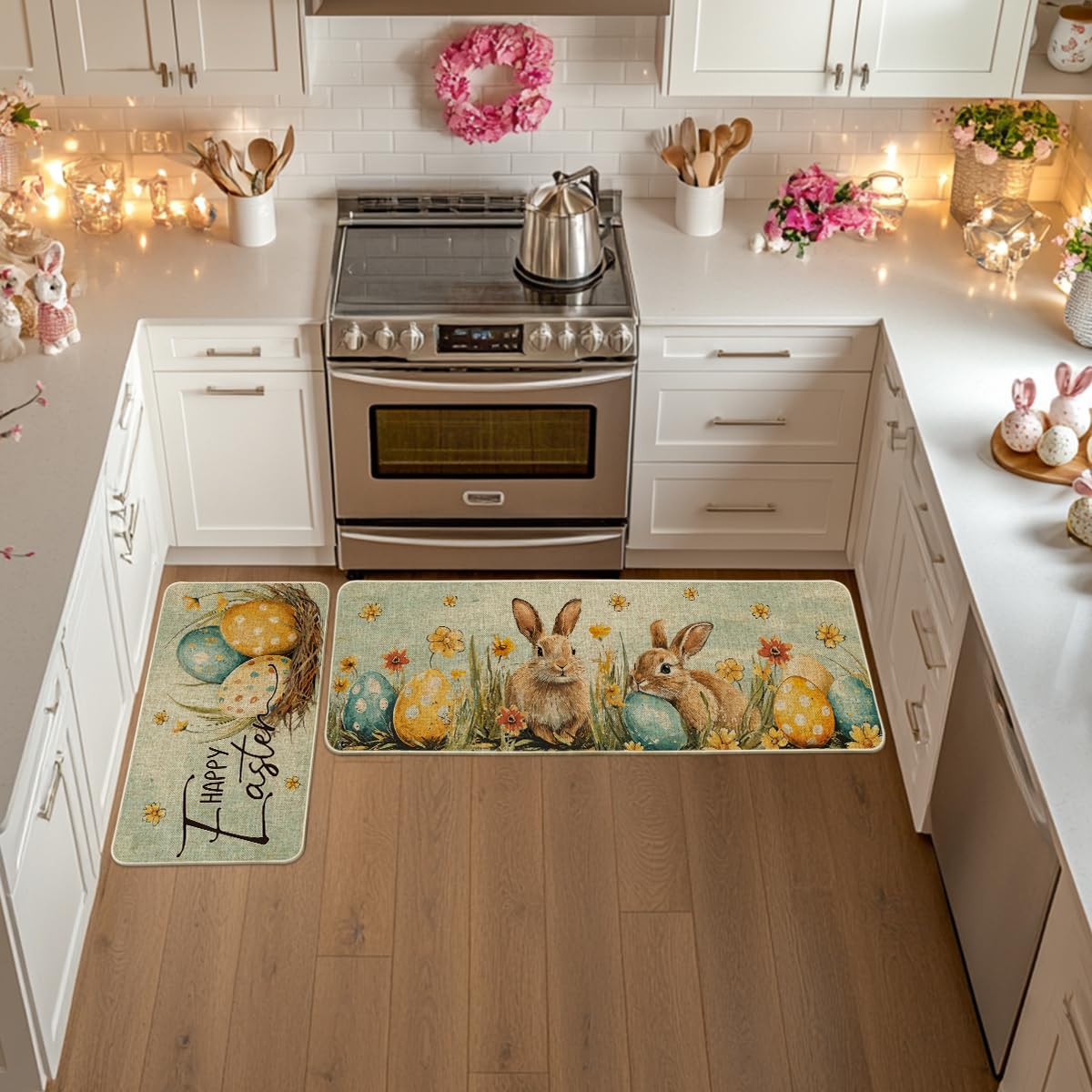 Artoid Mode Colorful Rabbit Bunny Egg Happy Easter Kitchen Mats Set of 2, Spring Home Decor Low-Profile Kitchen Rugs for Floor - 17x29 and 17x47 Inch