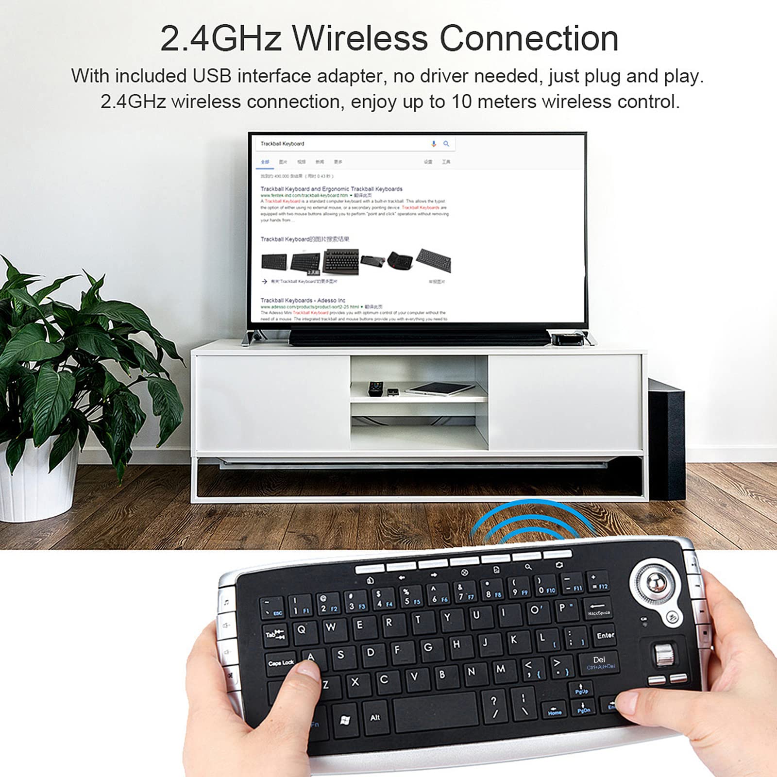 E30 bezprzewodowa klawiatura 2,4 GHz z myszką trackball, kółkiem do przewijania, pilot zdalnego sterowania, do telewizora z systemem Android, Smart TV, PC, notebooka, srebrna