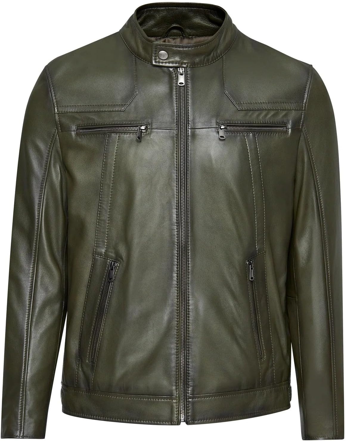 Premium Men's Olive Green Leather Motorcycle Jacket, Classic Biker Style with Multiple Zippers, Stand Collar (US, Alpha, X-Large, Regular, Regular)