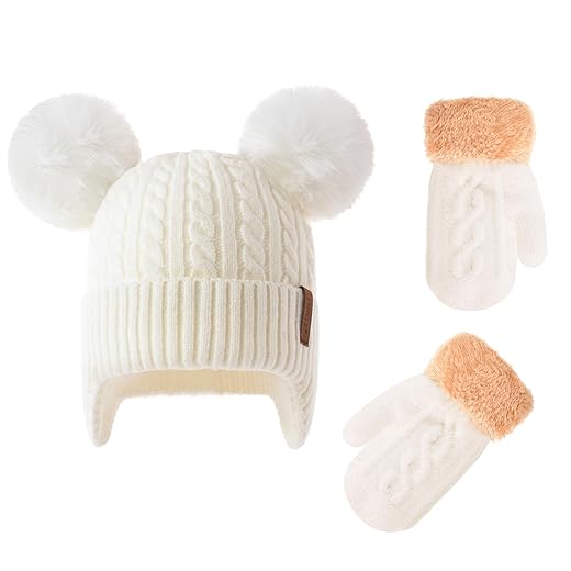 FENELY Conjunto de luvas de chapéu de inverno para crianças de 2 a 6 a 10 anos, conjuntos térmicos de tricô grosso e quente forrado com lã