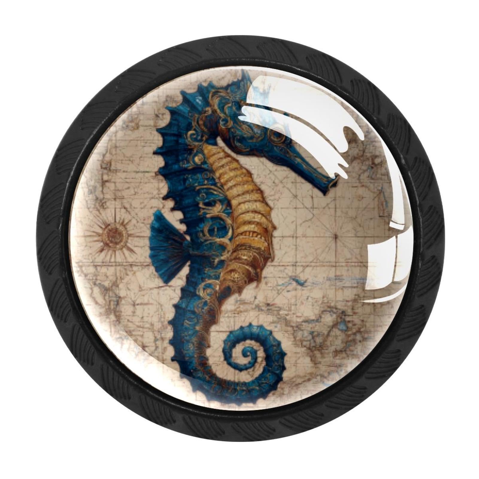 CHENZZZZ Seahorse Nautical Map Colorful Drawer Pulls 4 Pcs Handle Glass Door Cabinet Knobs Home Office Kitchen Wardrobe Cupboard Hardware for Dresser Drawers