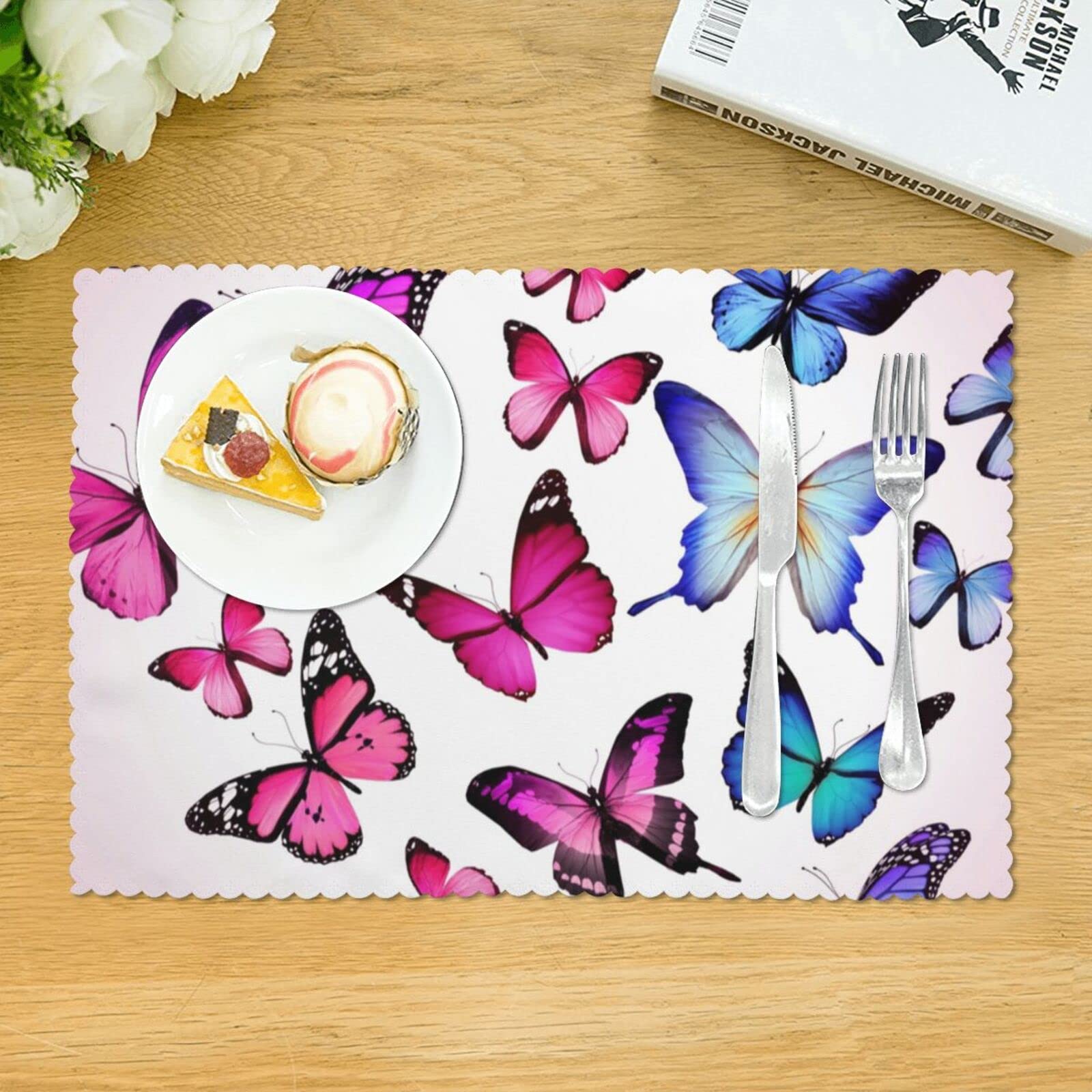 Juego De 1 Manteles Individuales Para Mesa De Comedor, Diseño De Flores Moradas Y Mariposas, Juego De 1 Manteles Individuales De Tela