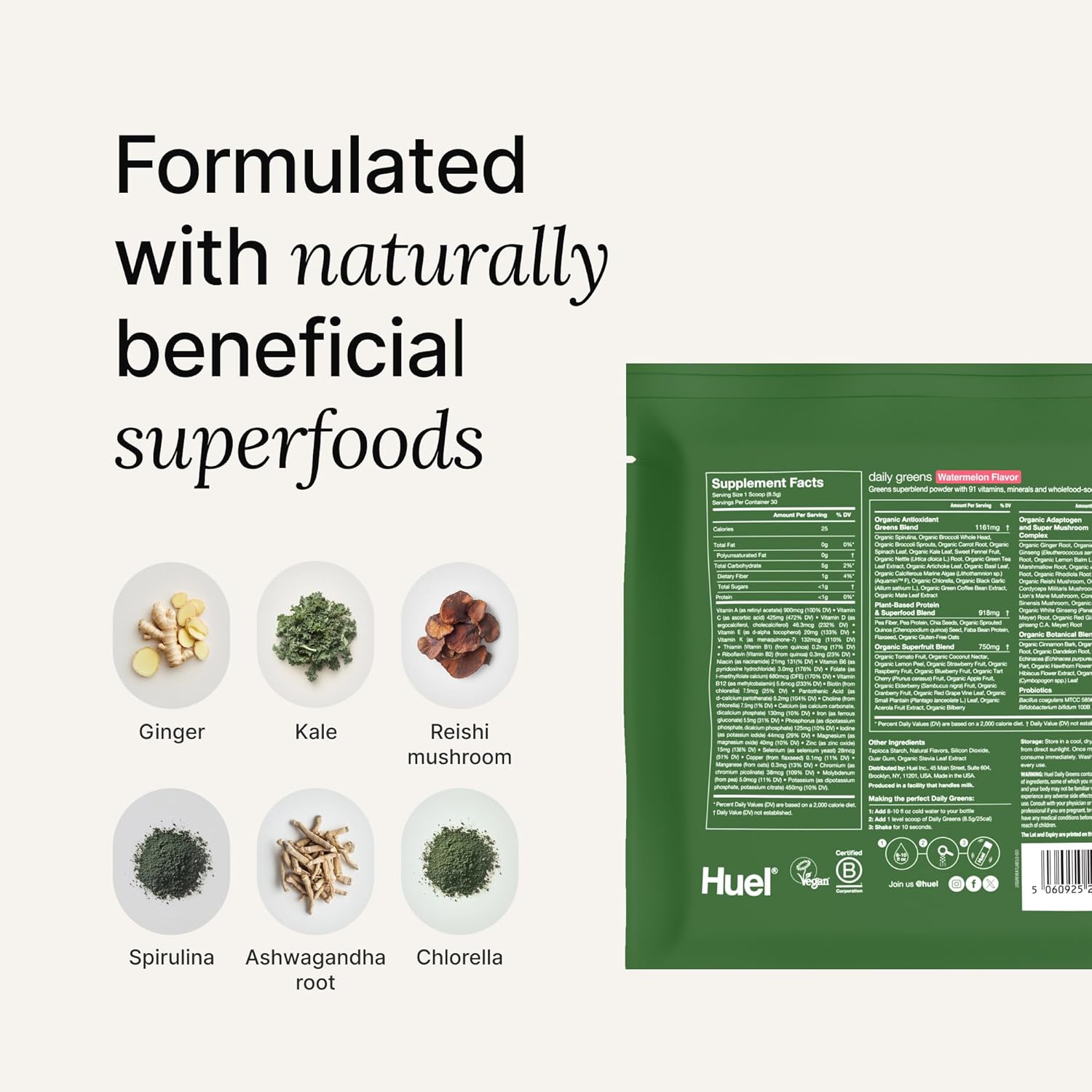 Huel Daily Greens Single Serve Watermelon| Superfood Greens Powder | 91 Vitamins, Minerals, and Wholefood-Sourced Ingredients | Adaptogens, Antioxidants, Gut-Friendly Probiotics | 12 Pack - Image 3