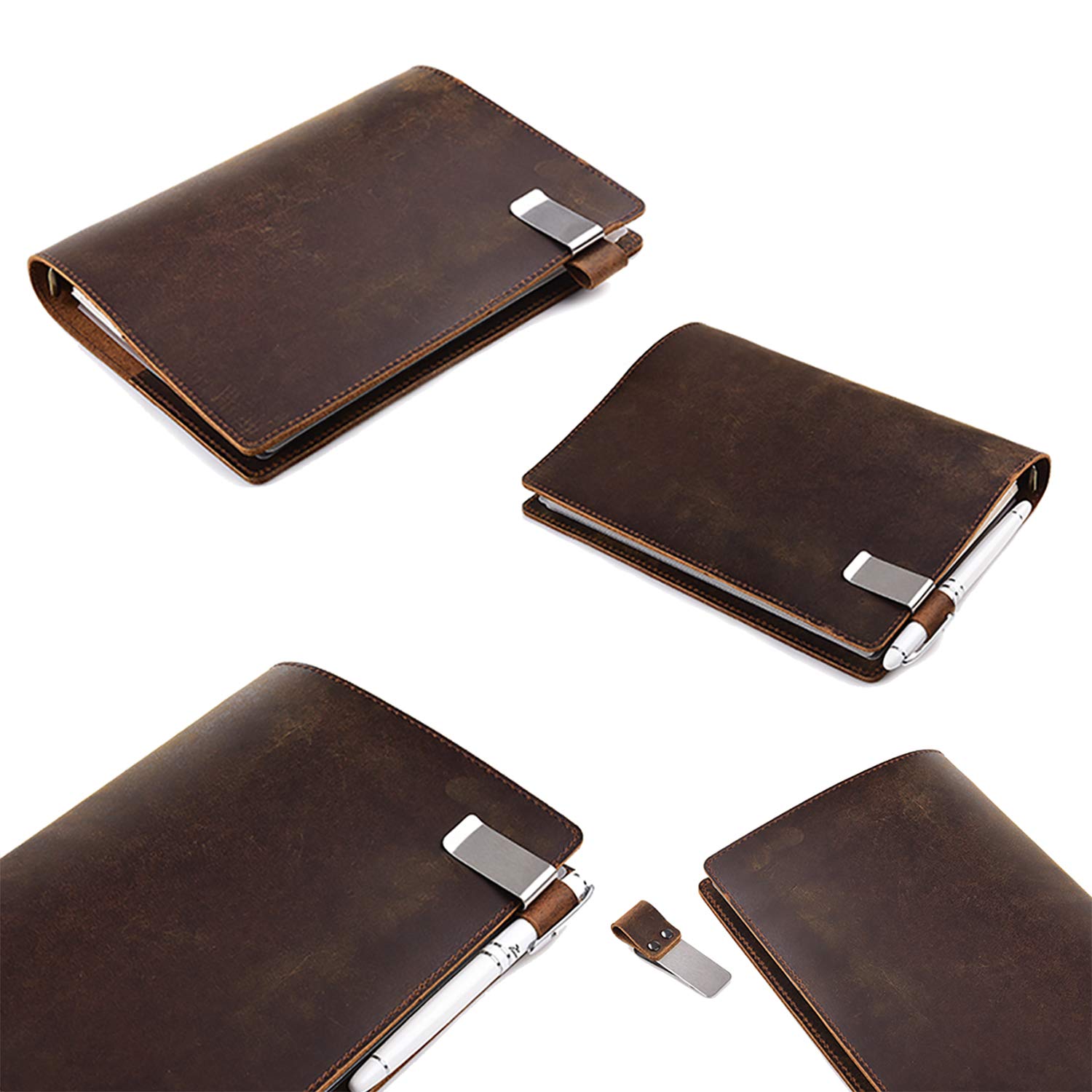 Anzhi Classeur à anneaux en cuir fait à la main, format A5, avec couverture en cuir, 23 x 17 cm, rechargeable, avec classeur à 6 anneaux