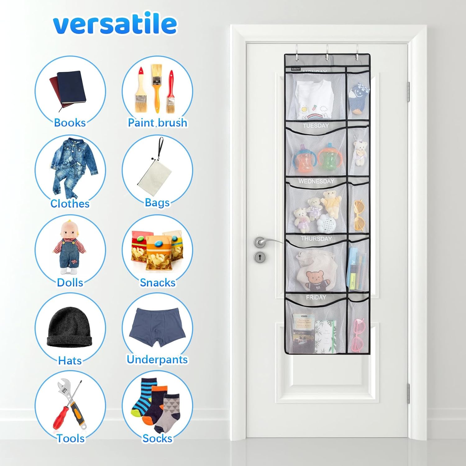 Weekly Kids Clothes Organizer - Day of Week School Clothing Organizer, Monday to Friday Time Save, No Odour, 5-Shelf Hanging Closet Storage (Grey), 2 Pack