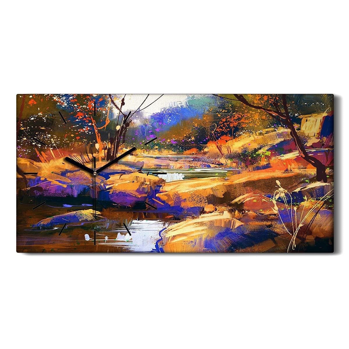 Art mural image rivière horloge sur toile panoramique 60x30cm sans bruit de tic-tac