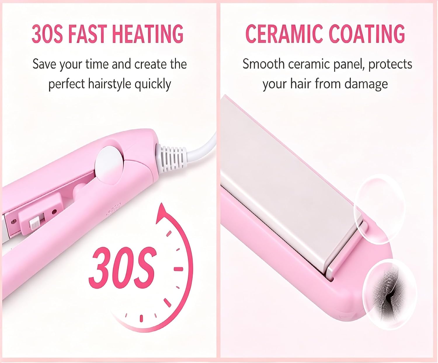 Mini Pink 2-in-1 Ceramic Curling Iron and Straightener, Travel Size Dual Voltage Hair Styling Tool for Short Fine Hair, Lightweight Portable Iron Heating Curler