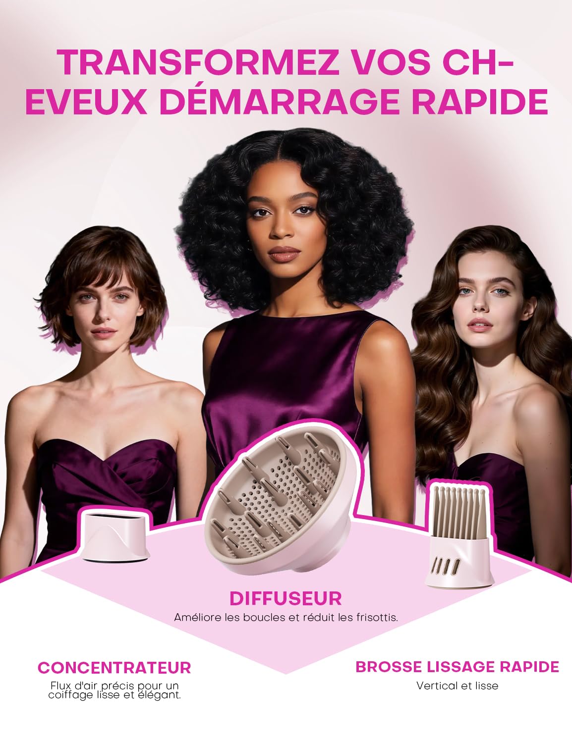 Seche cheveux ionique pour femme, seche cheveux 1600W 110000 RPM, seche cheveux diffuseur boucle, 2 vitesses 4 températures, seche cheveux de voyage, rose