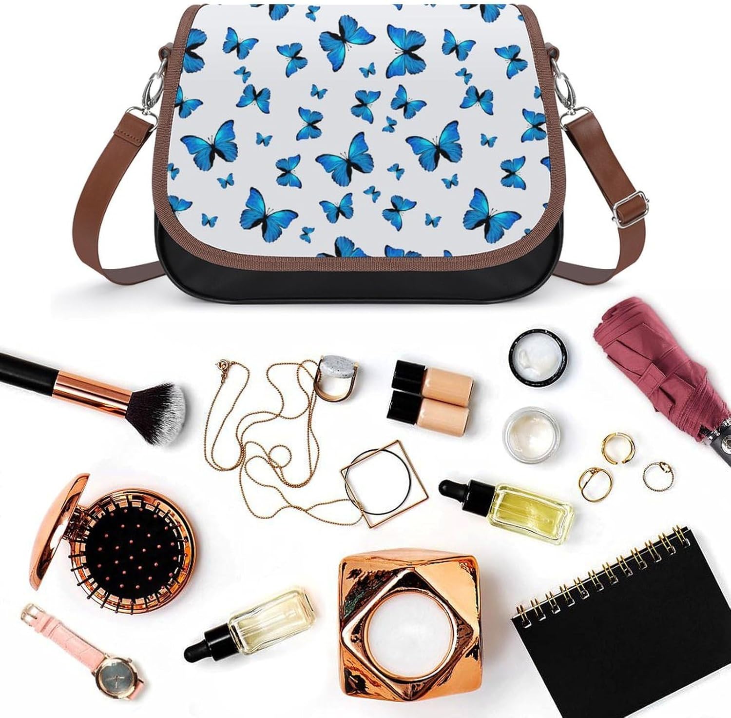 Blue ButterfliesWomen's Faux Leather Crossbody Bag, Waterproof Wrinkle-Resistant Shoulder Bag with Detachable Strap, Large Capacity Casual Handbag, Fashion Daily Purse for Shopping Work Dating, Ideal