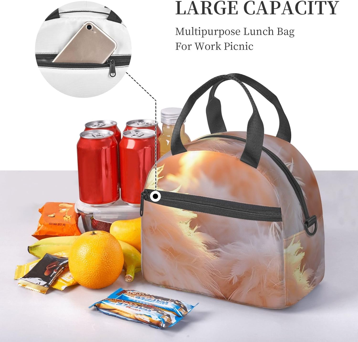 Feather Print Reusable Lunch Bag Insulated Lunch Boxes for Office Work Picnic Tote Bag Adjustable