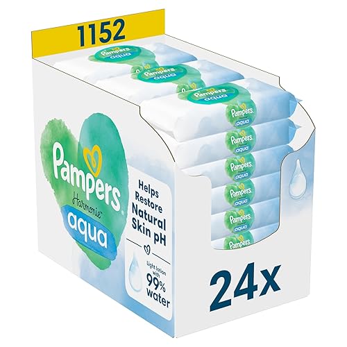 Pampers Harmonie Aqua Feuchttücher 24 Packungen mit jeweils 48 Feuchttüchern, 1152 Feuchttücher, die helfen, den natürlichen pH-Wert der Haut wiederherzustellen, leichte Lotion mit 99 Prozent Wasser - 48 stück (24er Pack)