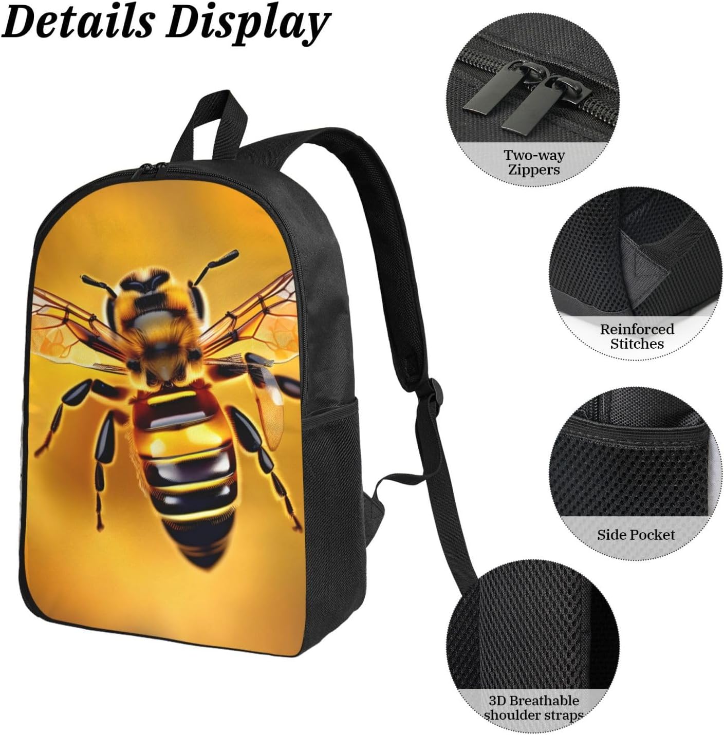 Bee flying print 3 Piece Backpack Bags with Lunch Box Pencil Case Set for Travel Work Camping Unisex