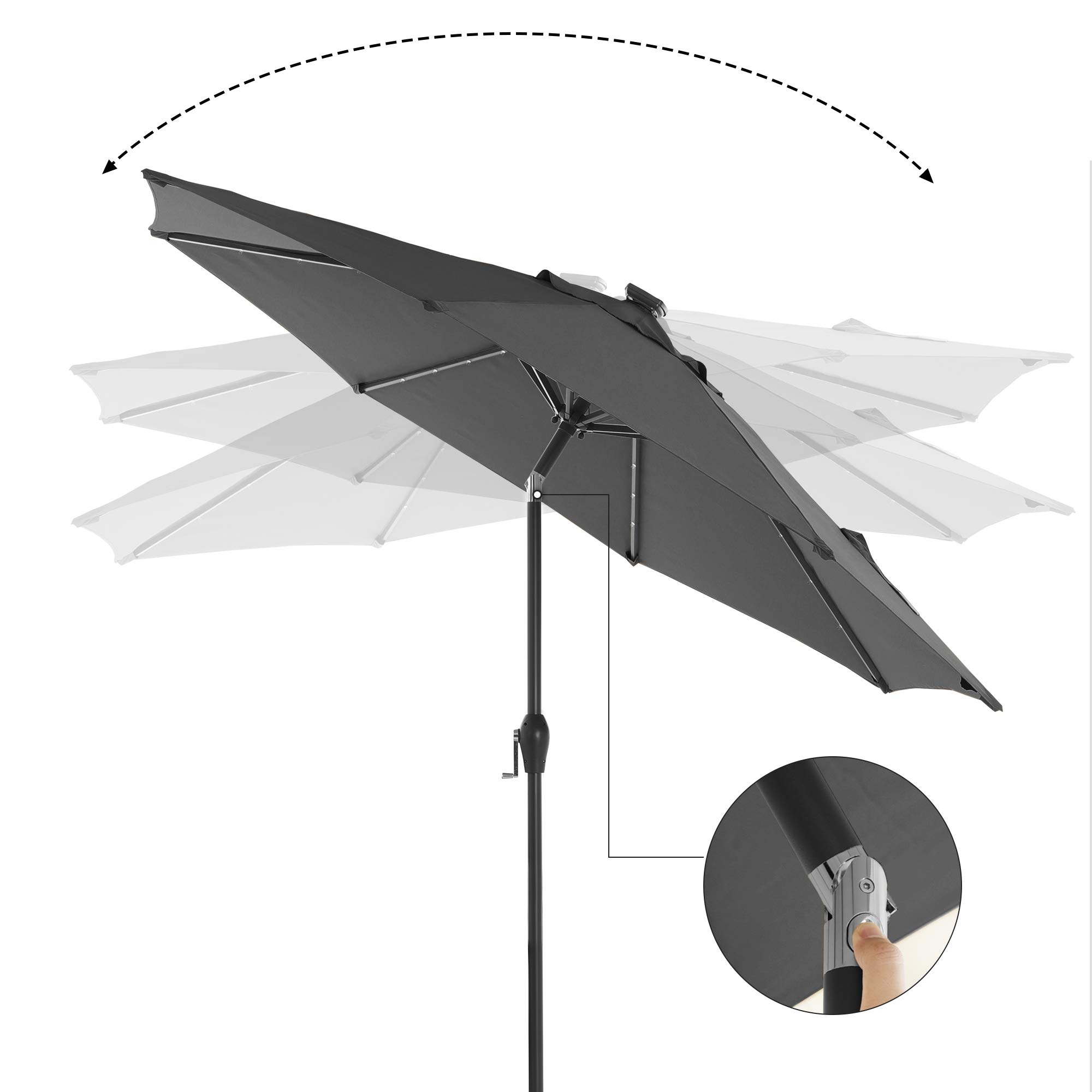 SONGMICS Parasol 300 cm avec éclairage solaire LED, 32 lumières LED, protection UV UPF 50+, pliable à 30°, pour jardin, terrasse, piscine, balcon, sans support, gris GPU33GY
