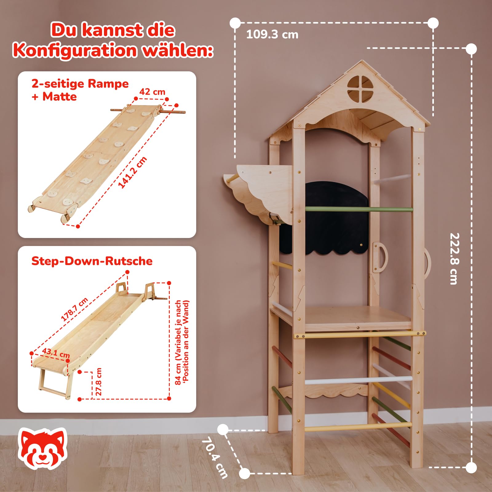 Wood And Hearts Indoor Klettergerüst aus Holz – Kinder Jungle Gym für Zuhause 3–8 Jahre, Mini Kletterturm, Kinderturngerät